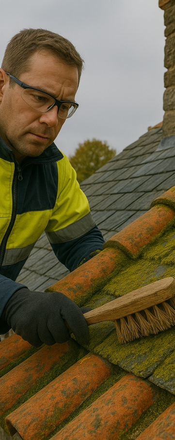 Travailleur nettoyant une toiture ancienne Démoussage de la toiture